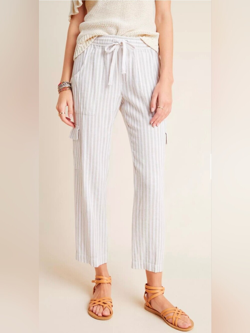 Sanctuary X Anthropologie White & Light Beige Striped Cropped Drawstring Pants